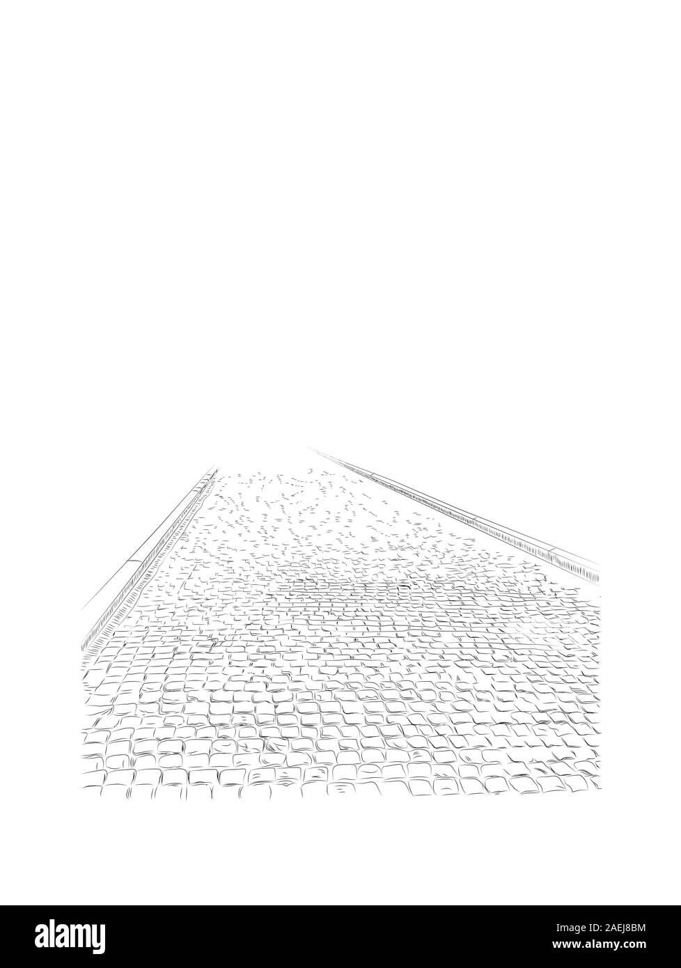 Lato immagine disegnata di pietre per pavimentazione, marciapiede, piccoli mattoni grigio, schizzo. Illustrazione Vettoriale