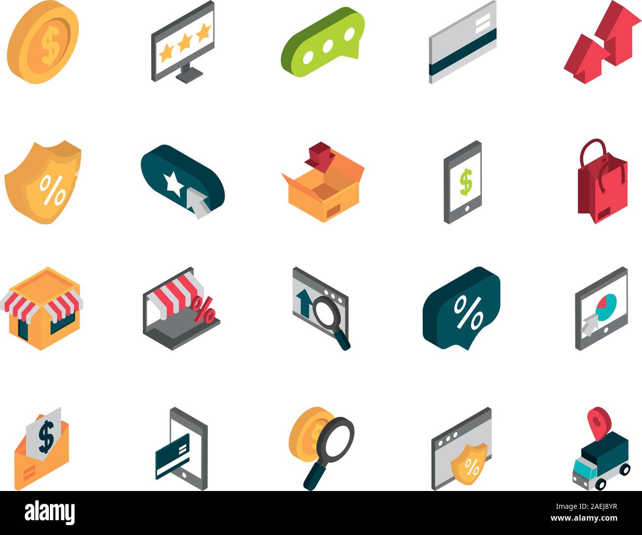 Azienda ecommerce internet set di icone isometrica illustrazione vettoriale Illustrazione Vettoriale