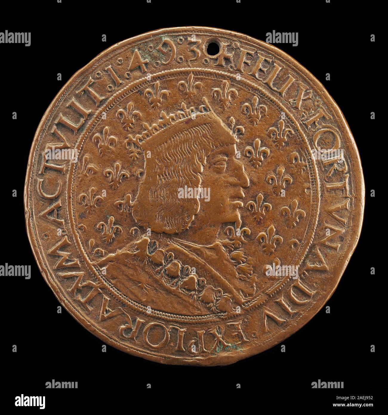 Medaglia del dritto di Louis Lepère, Nicolas de Florence e Jean Lepère, 1493-1494, raffigurante Carlo VIII, re di Francia 1483, che mostra ritratti, insegne reali e dettagli incisi. Foto Stock