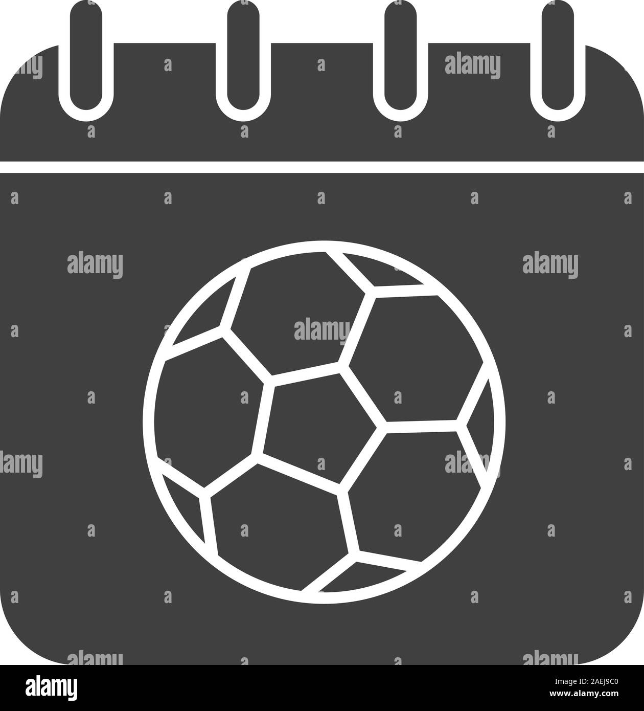 Campionato di calcio data icona glyph. Simbolo di Silhouette. Pagina del calendario con pallone da calcio. Lo spazio negativo. Vettore illustrazione isolato Illustrazione Vettoriale
