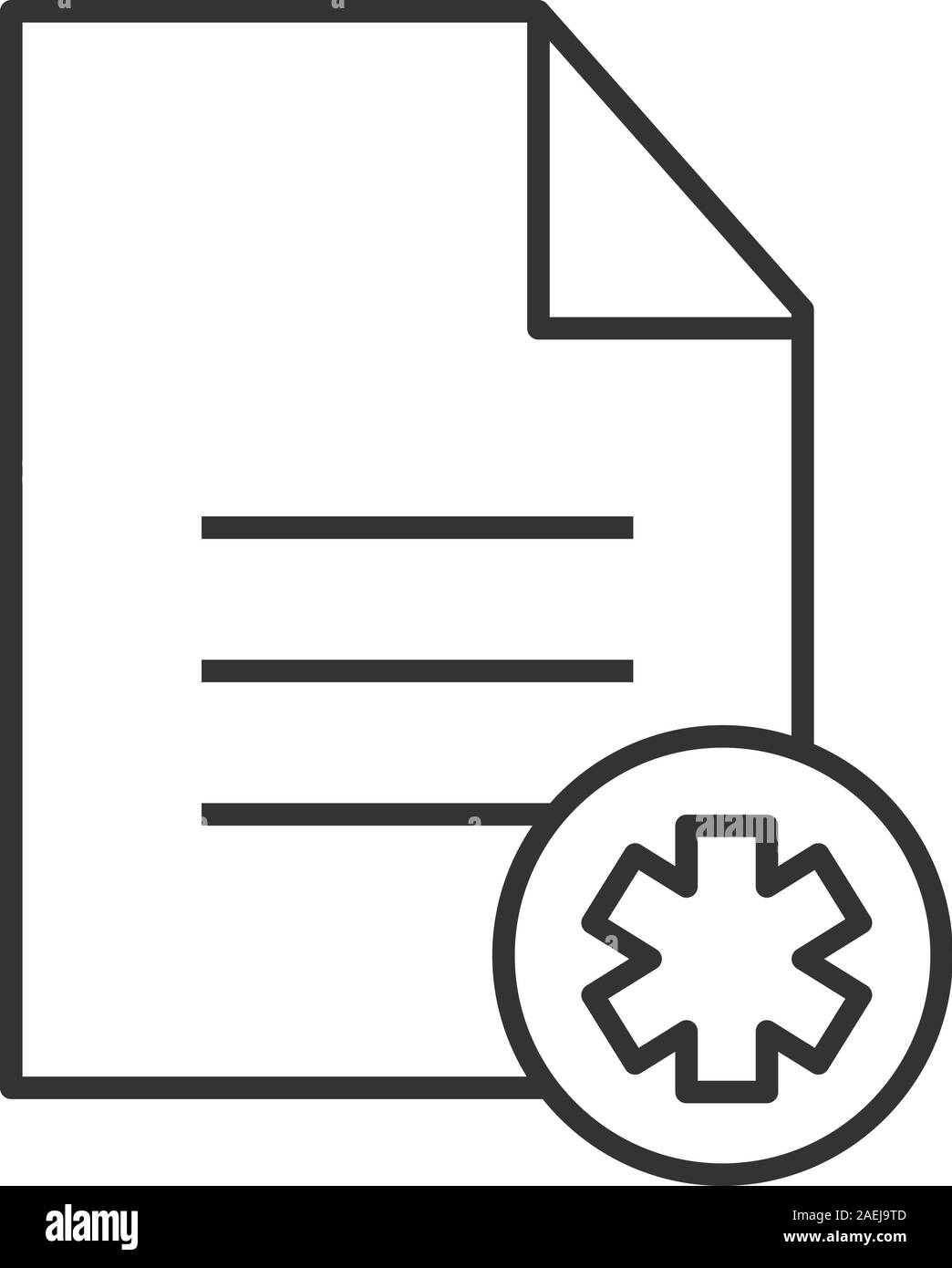 Scheda paziente icona lineare. Linea sottile illustrazione. File di testo con la stella della vita. Assicurazione medica Simbolo di contorno. Il vettore isolato disegno di contorno Illustrazione Vettoriale
