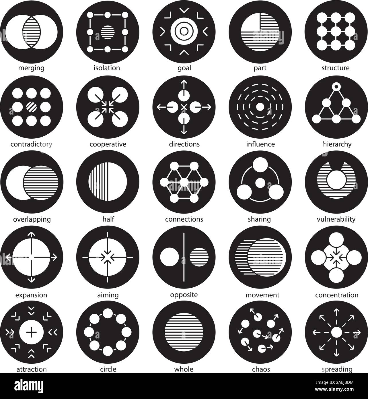 Simboli astratti glifo set di icone. Le idee del logo per affari, scienza, industrie. La fusione, vulnerabilità, mirando, interi, concetti di movimento. Vector wh Illustrazione Vettoriale