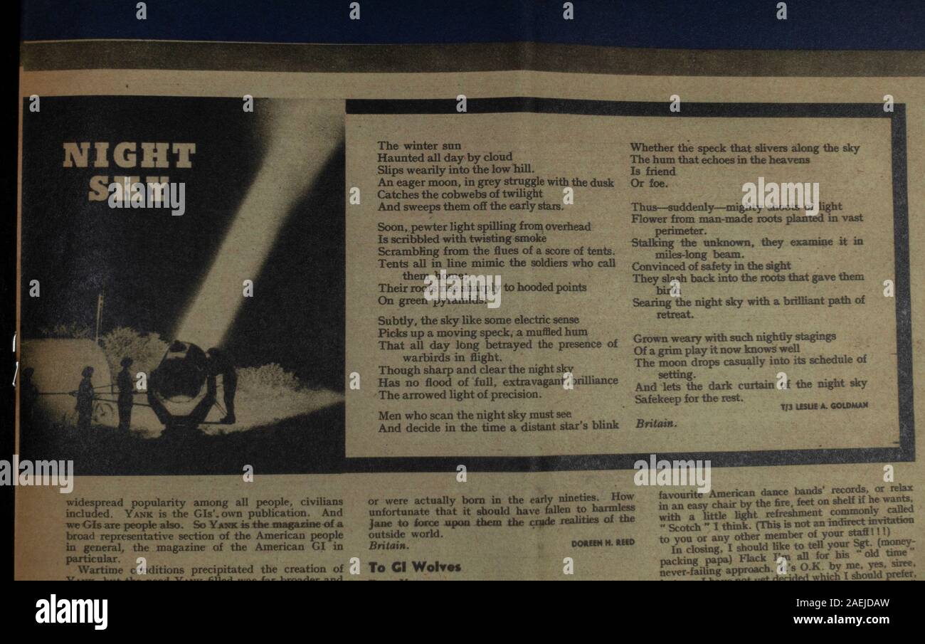 'Night Sky' poema in 'Yank' British Edition, The Army Weekly, 20th Feb. 44, seconda Guerra Mondiale memorabilia relativa agli americani ('Yanks') nel Regno Unito. Foto Stock