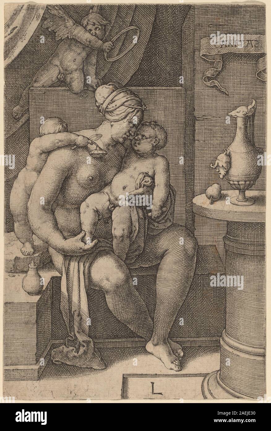 La Caritas, nota anche come Carità, è raffigurata da Lucas van Leyden nel 1530, illustrando atti di gentilezza e donando in un dettagliato stile di incisione. Foto Stock
