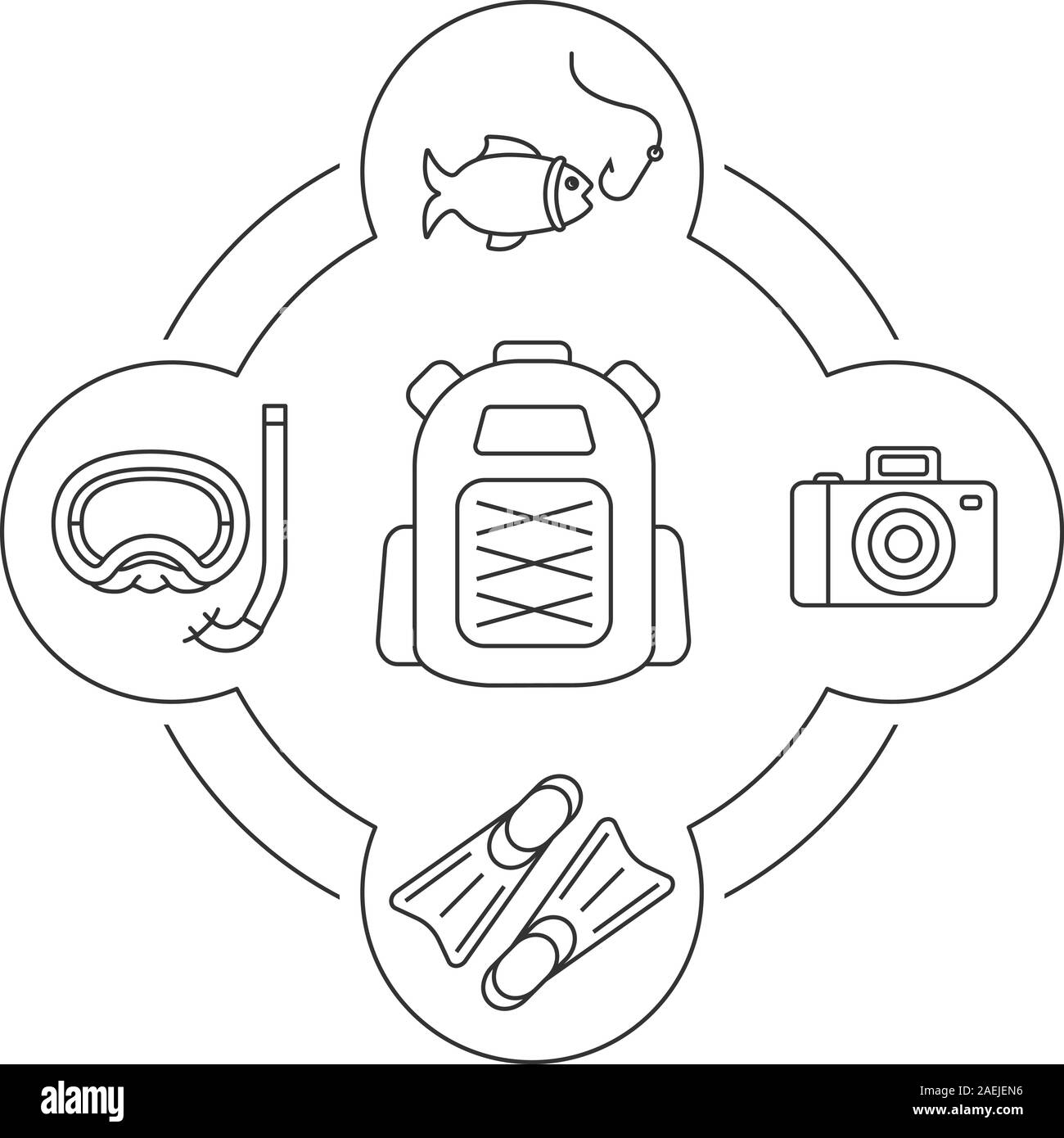 Turisti zaino contenuto lineare di set di icone. Vacanze estive. Fotocamera, pinne, aqualung, pesce con gancio. Isolato illustrazioni vettoriali Illustrazione Vettoriale
