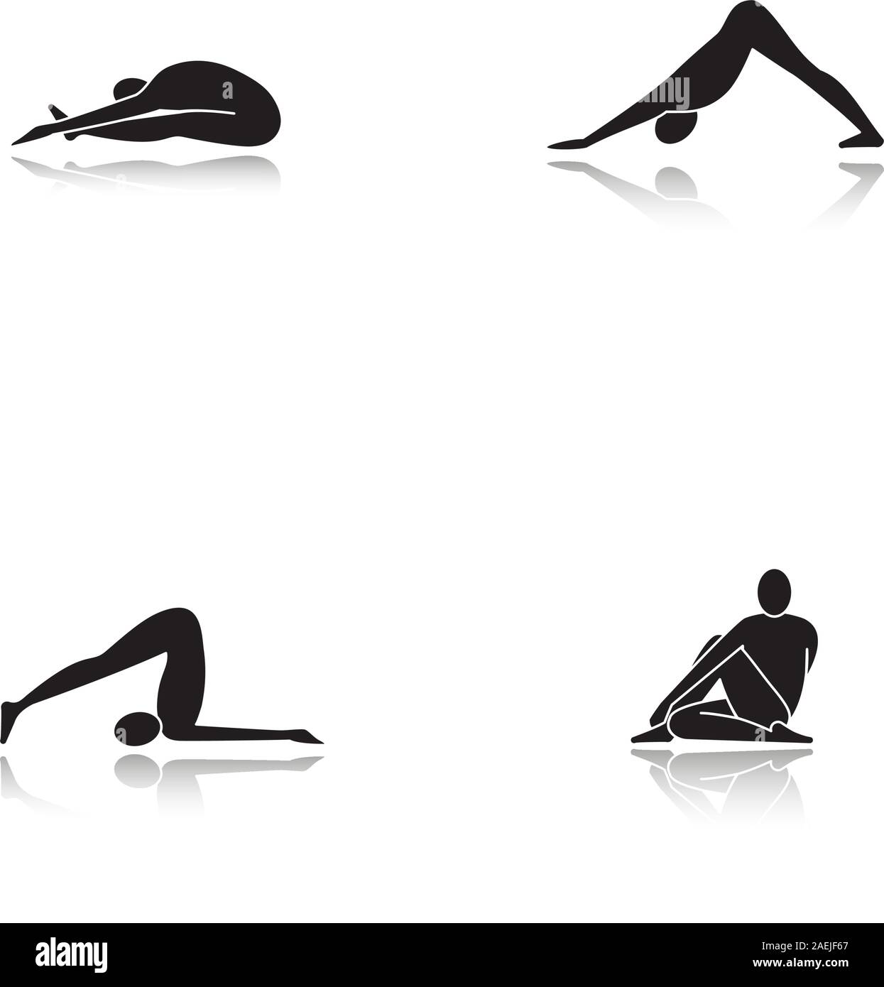 Lo Yoga asana drop shadow black glifo set di icone. Paschimottanasana, halasana, adho mukha svanasana, ardha matsyendrasana posizioni di yoga. Vettore isolato Illustrazione Vettoriale