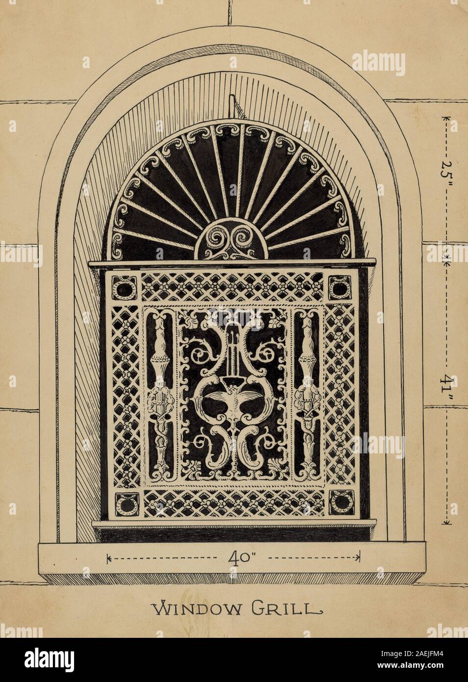 Griglia per finestre in metallo di Lucien Verbeke, datata 1935-1942, con motivi geometrici, barre, rivetti, motivi decorativi ed elementi architettonici funzionali per le finestre, tipici del design degli inizi del xx secolo. Foto Stock