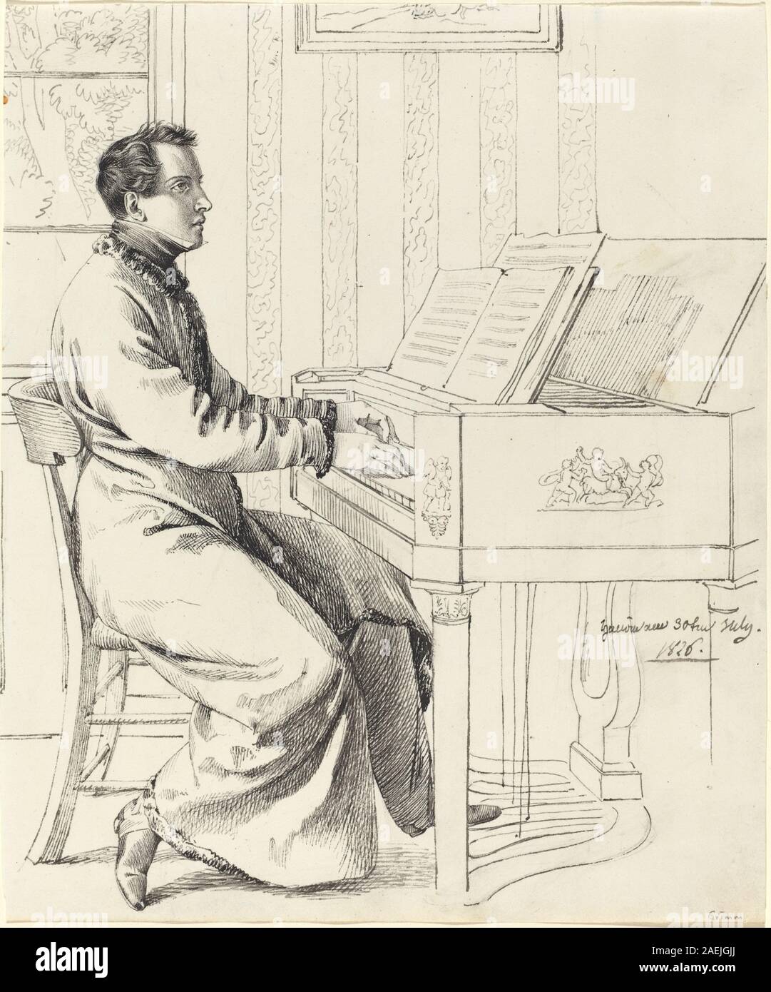 Ludwig Emil Grimm, l'artista cognato, Ludwig Hassenpflug, preparando a suonare il pianoforte, 1826 l'artista cognato, Ludwig Hassenpflug, preparando a suonare il pianoforte; 1826data Foto Stock