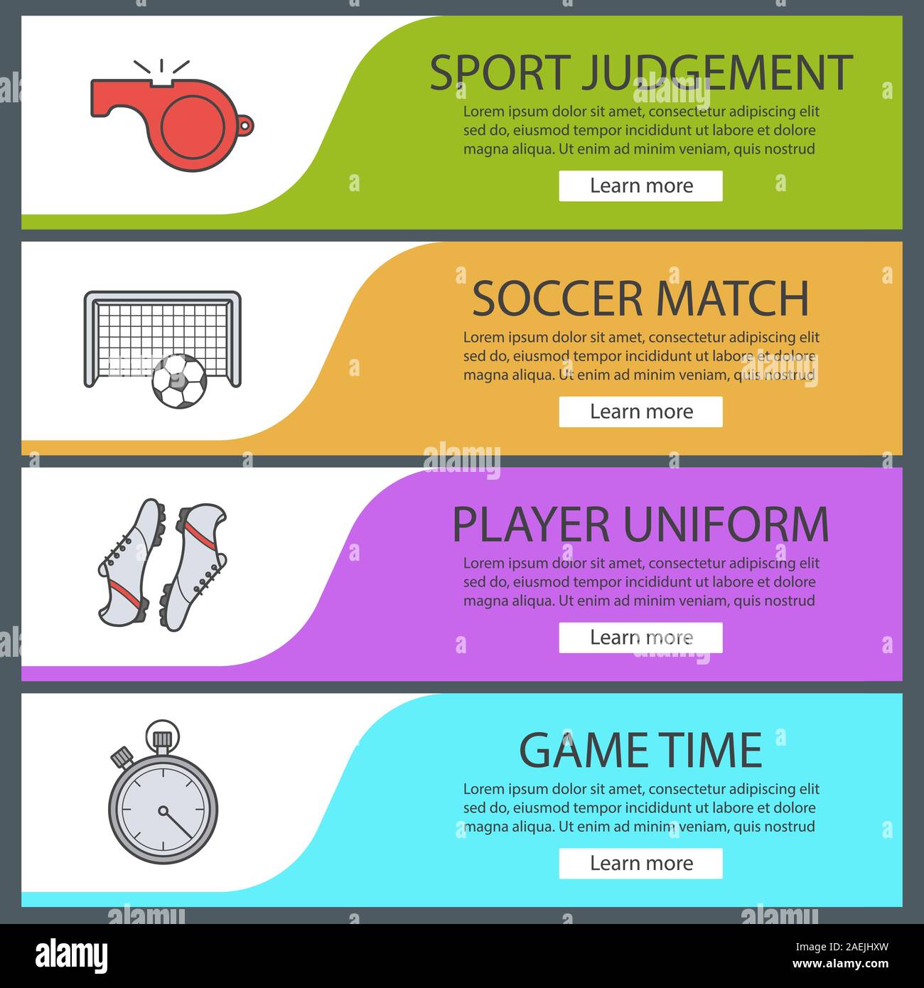 Soccer modelli di banner per il web set. Whistle, sfera in cancelli, stivali, cronometro. Colore del sito le voci di menu. Le intestazioni del vettore i concetti di progettazione Illustrazione Vettoriale