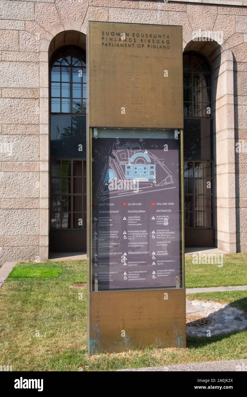 Informazioni segno di Helsinki Parliament House, Helsinki, Finlandia e Scandinavia, Europa Foto Stock