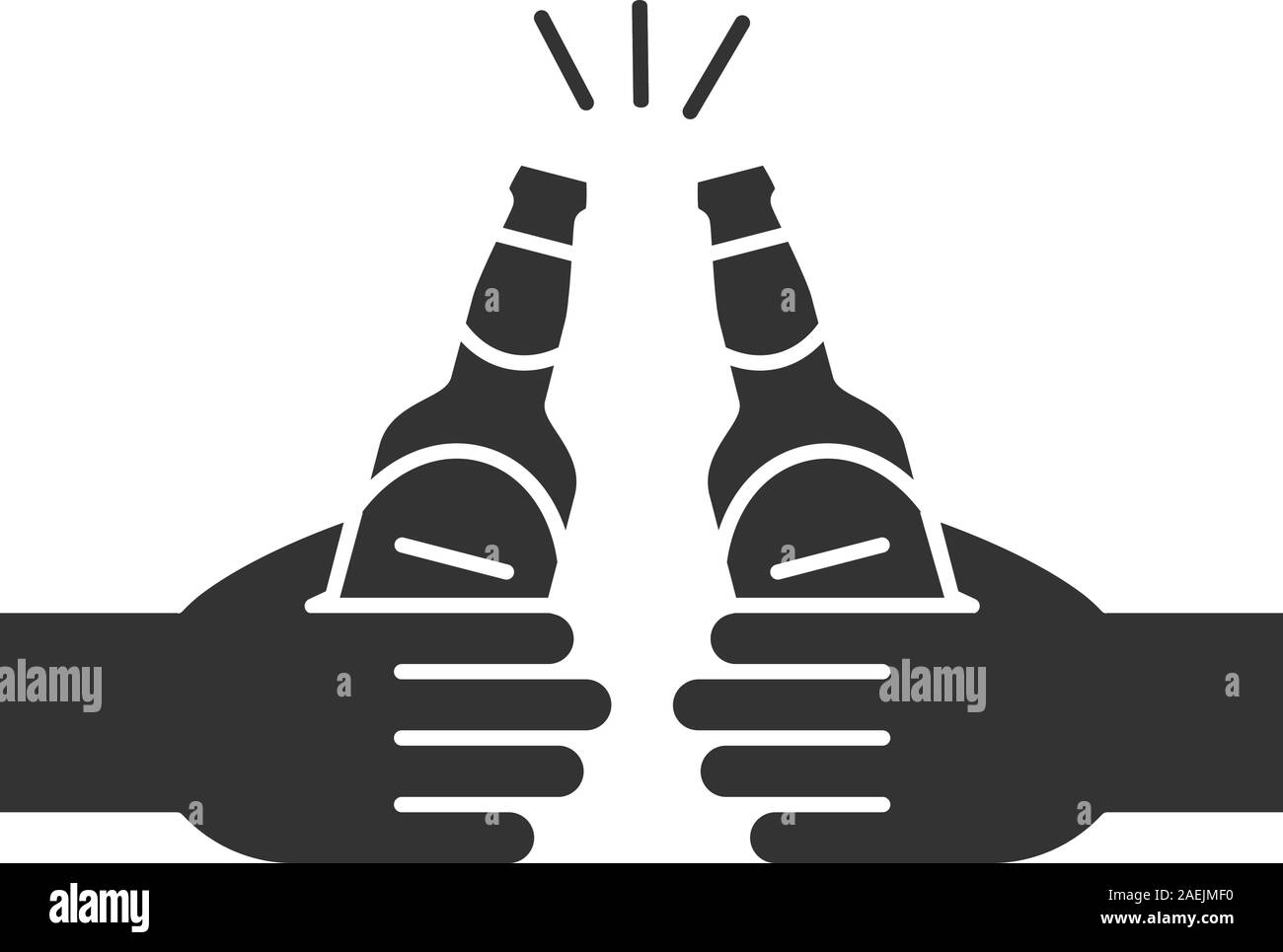 Tostare le bottiglie di birra nelle mani di glifi icona. Simbolo di Silhouette. Cheers. Lo spazio negativo. Vettore illustrazione isolato Illustrazione Vettoriale