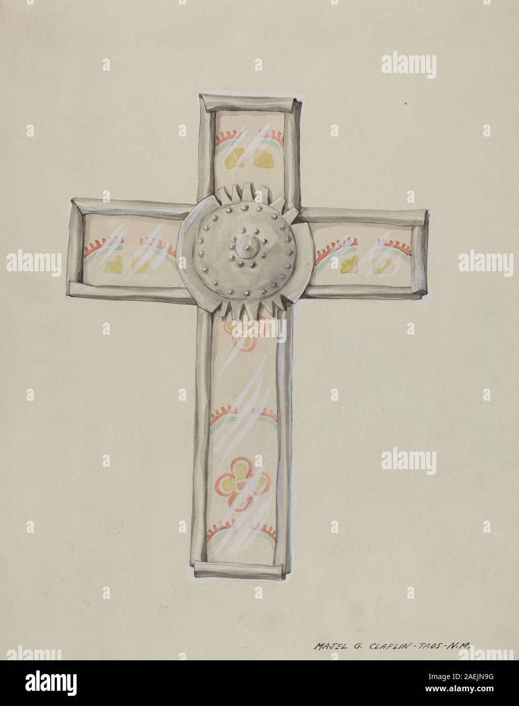 Croce di stagno e carta da parati creata da Majel G. Claflin intorno al 1937, che mostra la composizione materiale, i motivi decorativi e la costruzione tipica dell'arte popolare dei primi anni del XX secolo. Foto Stock