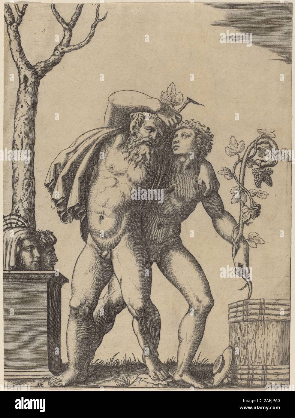 Un giovane e un vecchio canto di Marcantonio Raimondi, forse dopo Raffaello e Giulio Romano, un'incisione raffigurante due figure bacchiche, una giovane e una anziana, in celebrazione classica. Dimostra l'incisione italiana dell'inizio del XVI secolo, la narrazione mitologica e la composizione figurativa. Foto Stock