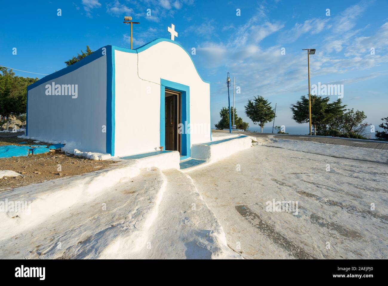 Profitis Ilias Cappella su una collina sopra Faliraki l' Isola di Rodi Grecia Foto Stock