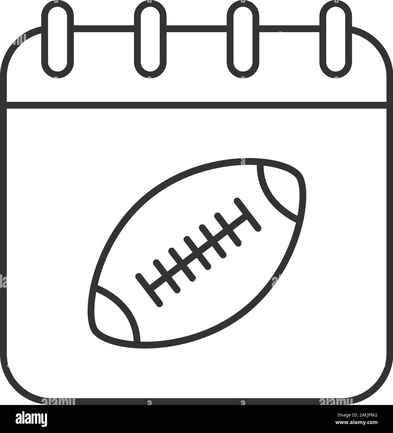 Super Bowl data icona lineare. Linea sottile illustrazione. Pagina del calendario con il football americano a sfera Simbolo di contorno. Il vettore isolato disegno di contorno Illustrazione Vettoriale