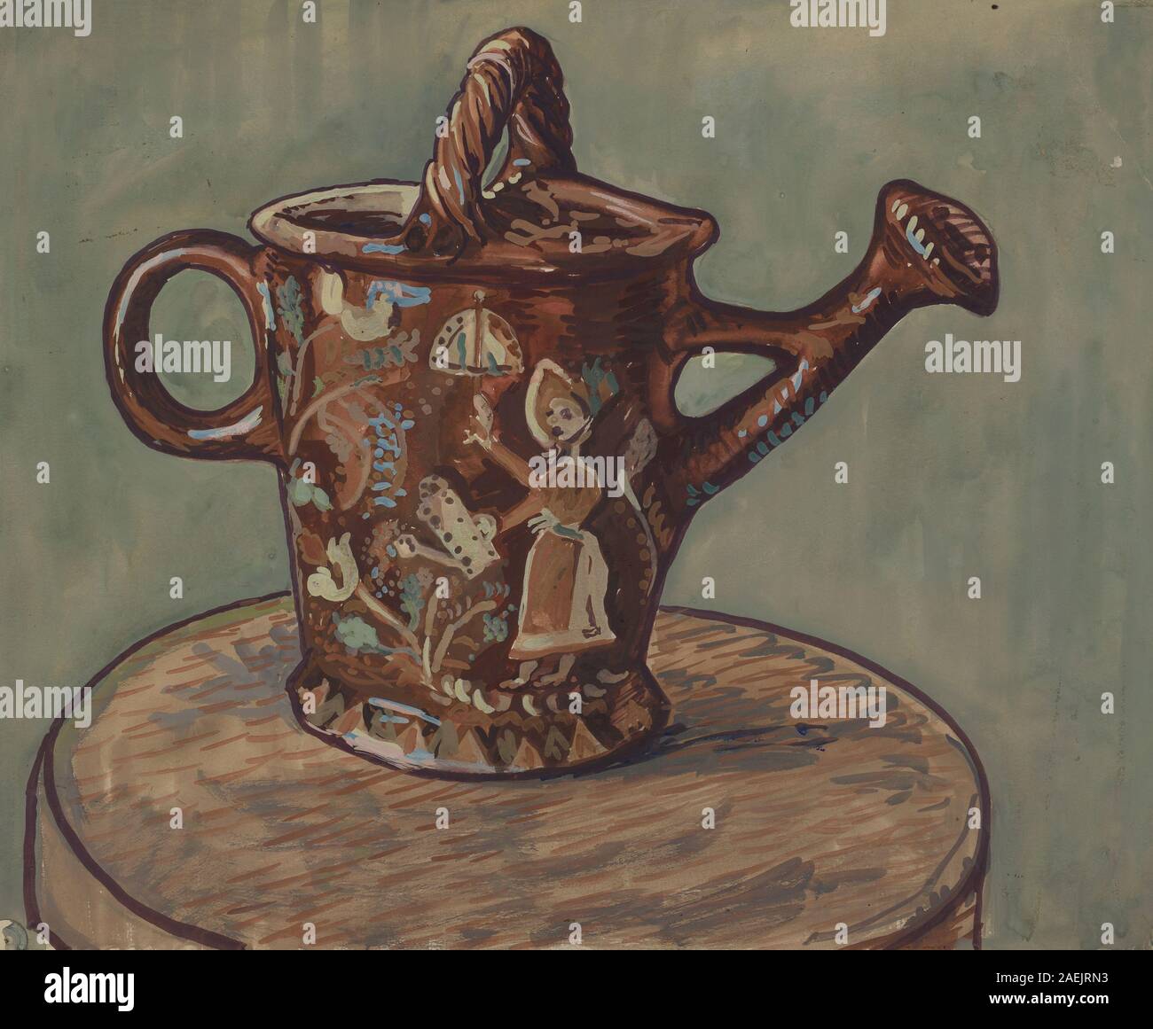 Annaffiatoio tedesco della Pennsylvania di Margaret Stottlemeyer intorno al 1936, caratterizzato da motivi tradizionali di arte popolare, costruzione in metallo e pratica funzione di giardinaggio. Foto Stock