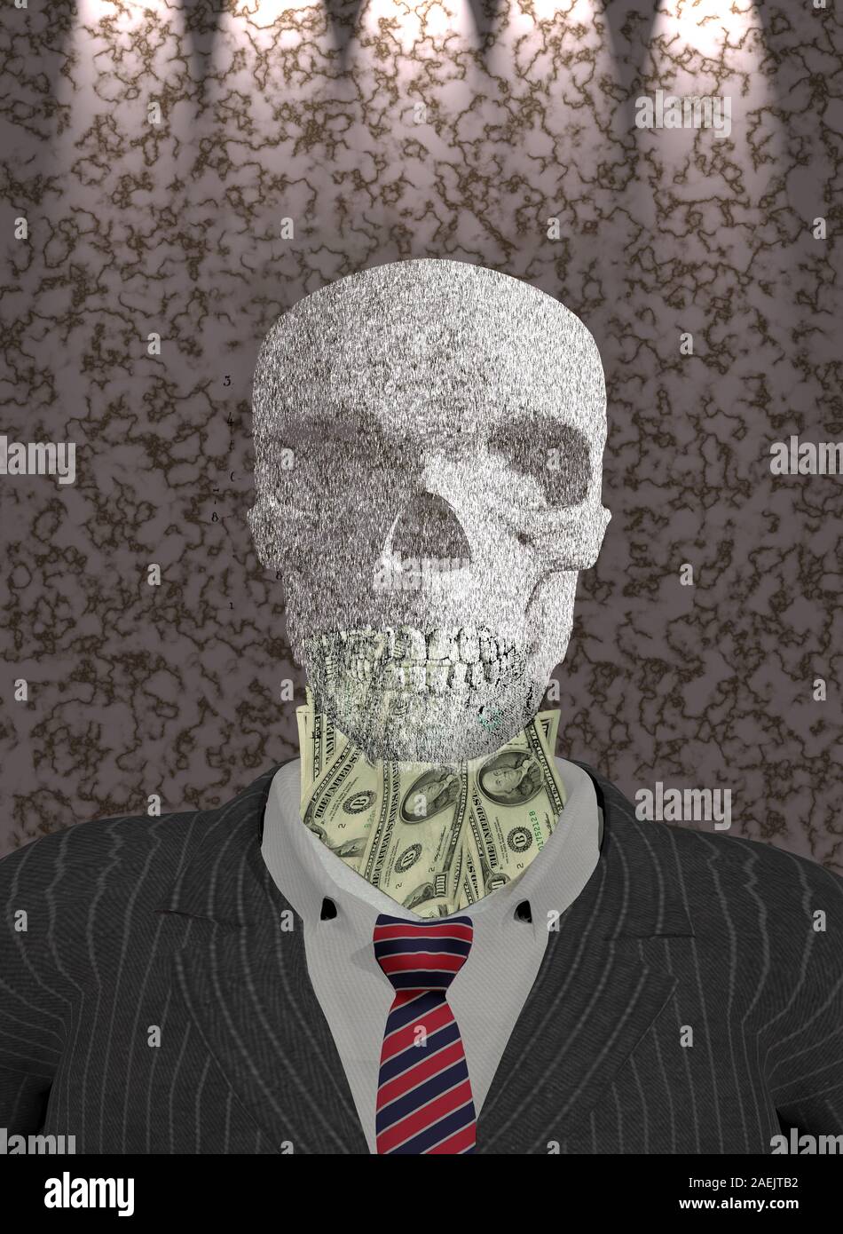 Il denaro. Dollari nel business suit e il cranio Foto Stock