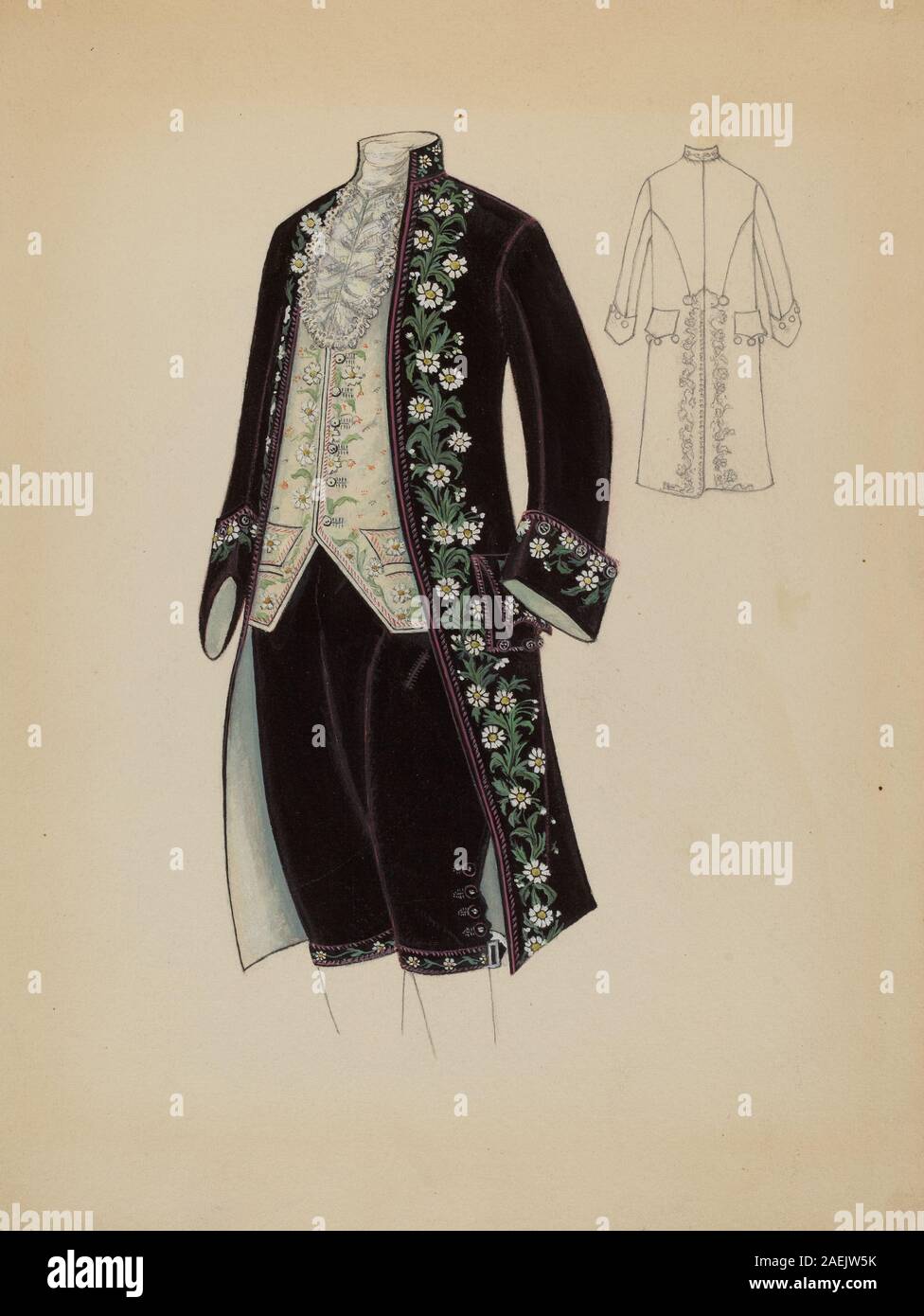 Costume da uomo disegnato da Marie Mitchell, intorno al 1936, con sartoria formale tipica dell'abbigliamento maschile della metà degli anni '1930, tra cui giacca strutturata, gilet e pantaloni. Foto Stock