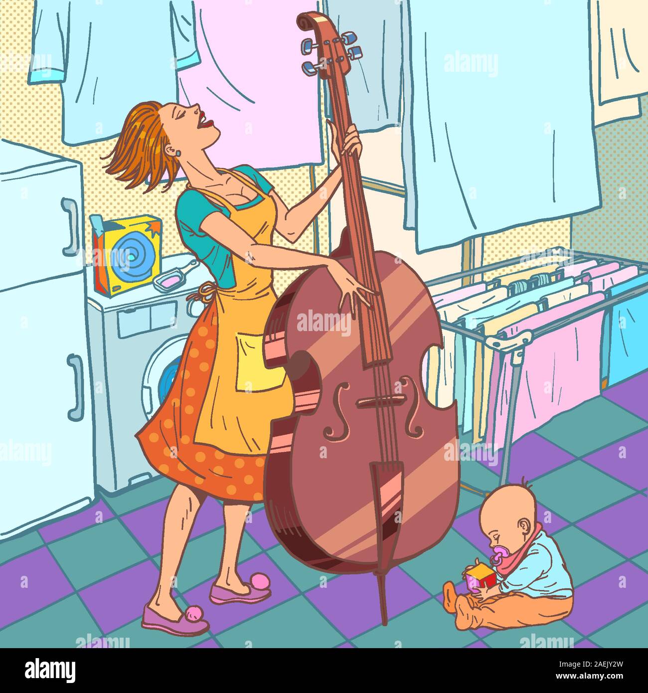 Lavaggio e asciugatura della casa. Madre con un bambino piccolo suona il doppio basso Illustrazione Vettoriale