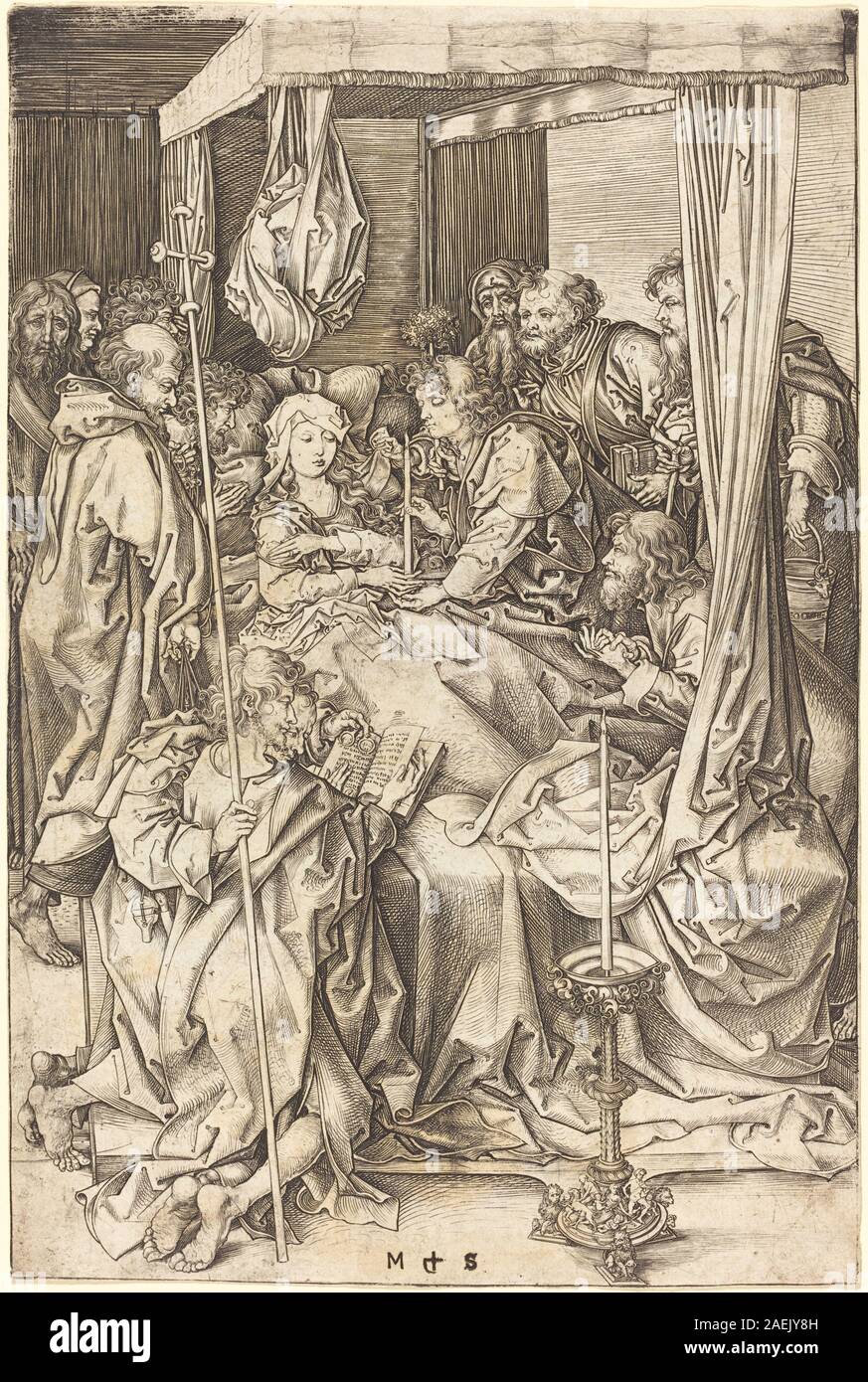Questa incisione di Martin Schongauer, intorno al 1470-1475, raffigura la morte della Vergine, illustrando l'iconografia religiosa del tardo XV secolo, lo stile gotico e la tecnica di incisione. Foto Stock