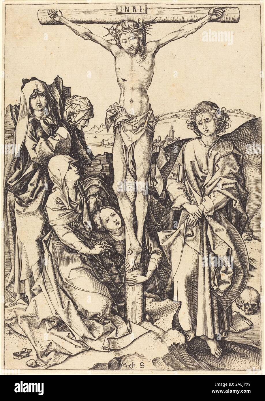 L'incisione "la Crocifissione" di Martin Schongauer del 1480 circa raffigura Cristo sulla croce, con Maria e Giovanni alla base, intricate opere in linea gotica, drappeggi dettagliati, volti espressivi, stampa religiosa europea del XV secolo, immagini devozionali, composizione narrativa, arte cristiana del XV secolo. Foto Stock