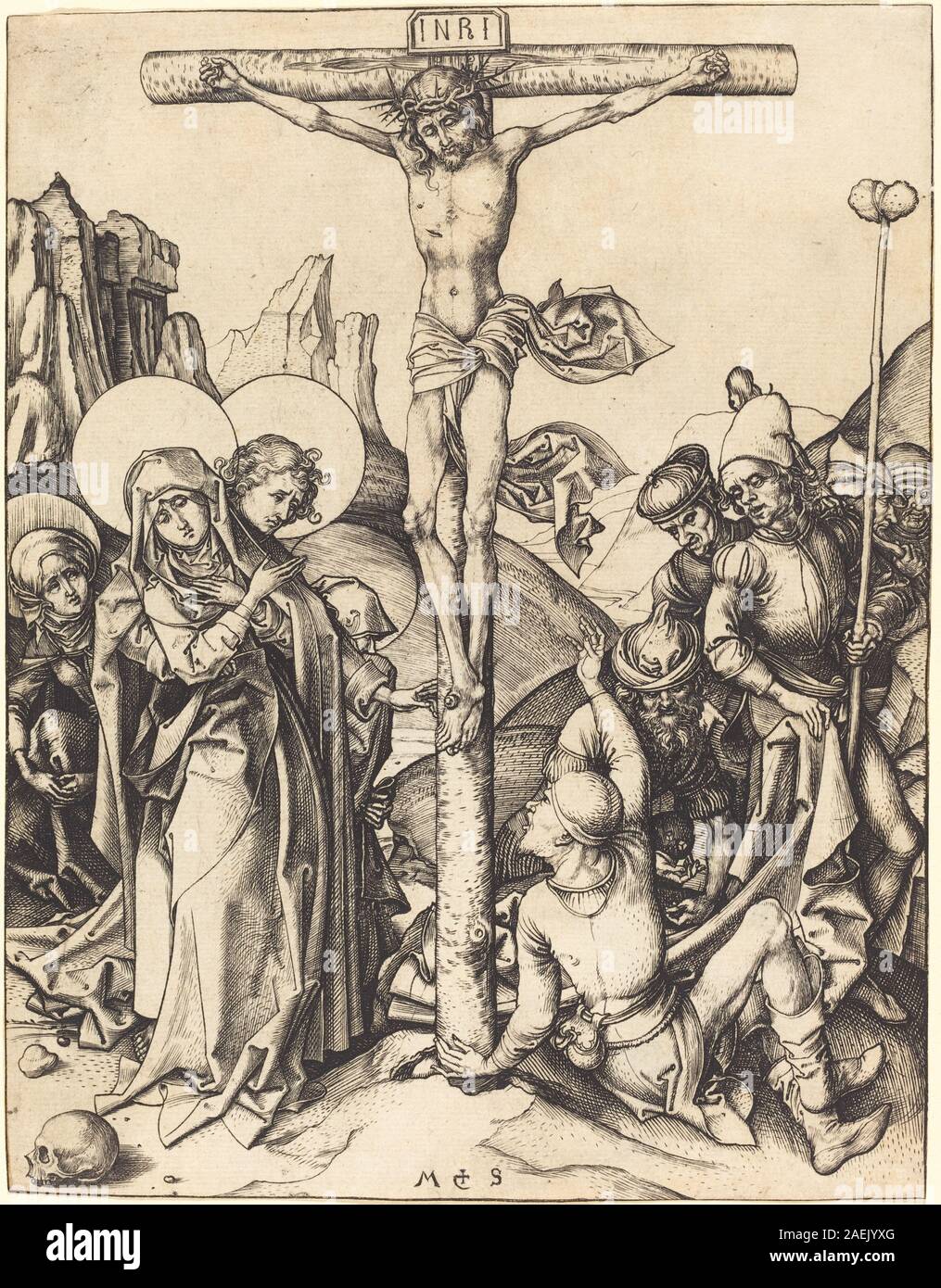"La Crocifissione" è un'incisione di Martin Schongauer creata intorno al 1480. Illustra la crocifissione di Gesù Cristo, con un lavoro dettagliato, contrasti drammatici ed elementi simbolici. La composizione enfatizza la figura centrale sulla croce, le figure circostanti e la solenne narrazione religiosa tipica dell'incisione europea del XV secolo. Foto Stock