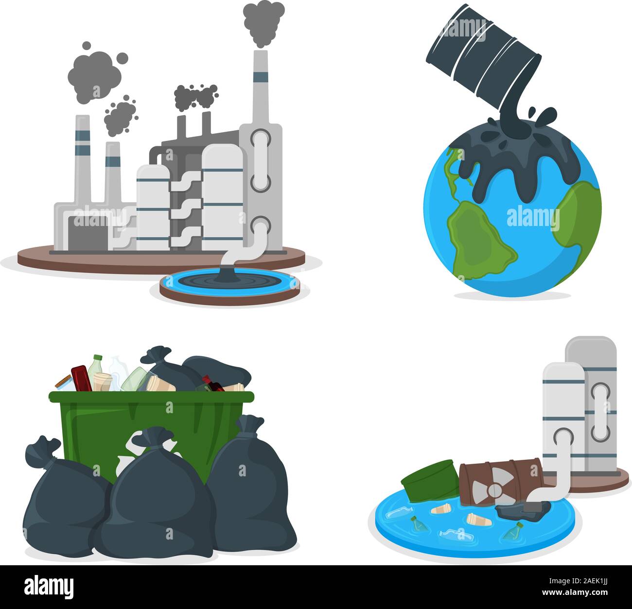 Inquinamento da petrolio concetto icona e l'etichetta. Terra inquinamento da petrolio e le emissioni di CO2. Catastrofe in fabbrica Simbolo, Icona e badge. Fumetto illustrazione vettoriale. Illustrazione Vettoriale