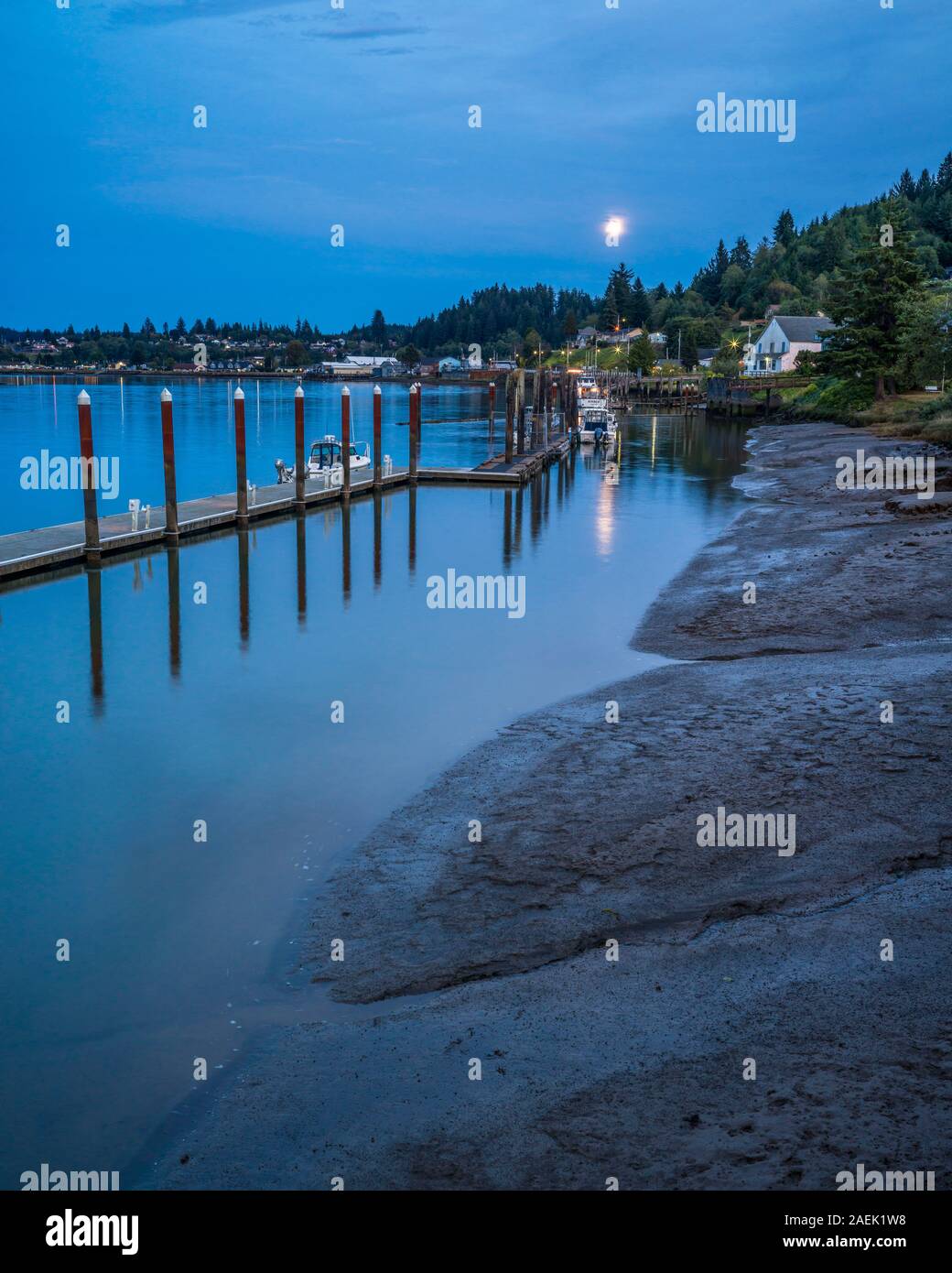 Moonlight su Willapa Bay a South Bend, Washington. Foto Stock