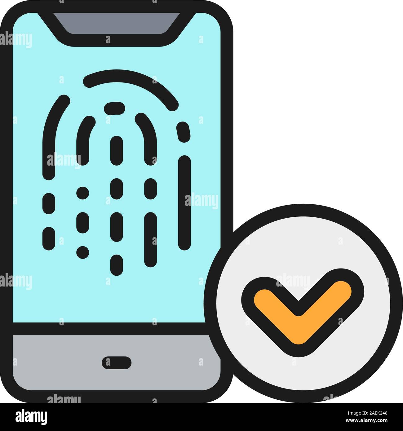Lo sbloccaggio delle impronte digitali sullo smartphone, finger print identificazione colore piatto icona linea. Illustrazione Vettoriale