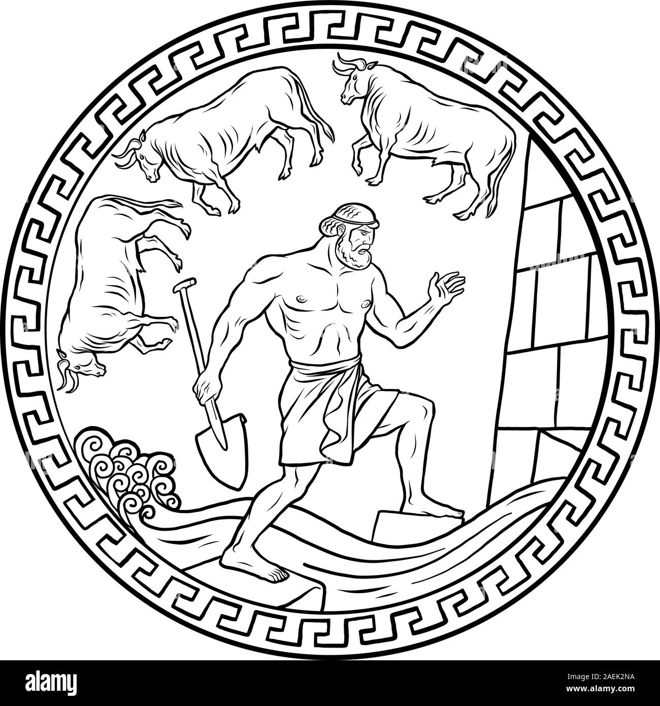 Pulire le stalle Augean in un solo giorno. 12 Labori di Ercole Eracle Illustrazione Vettoriale