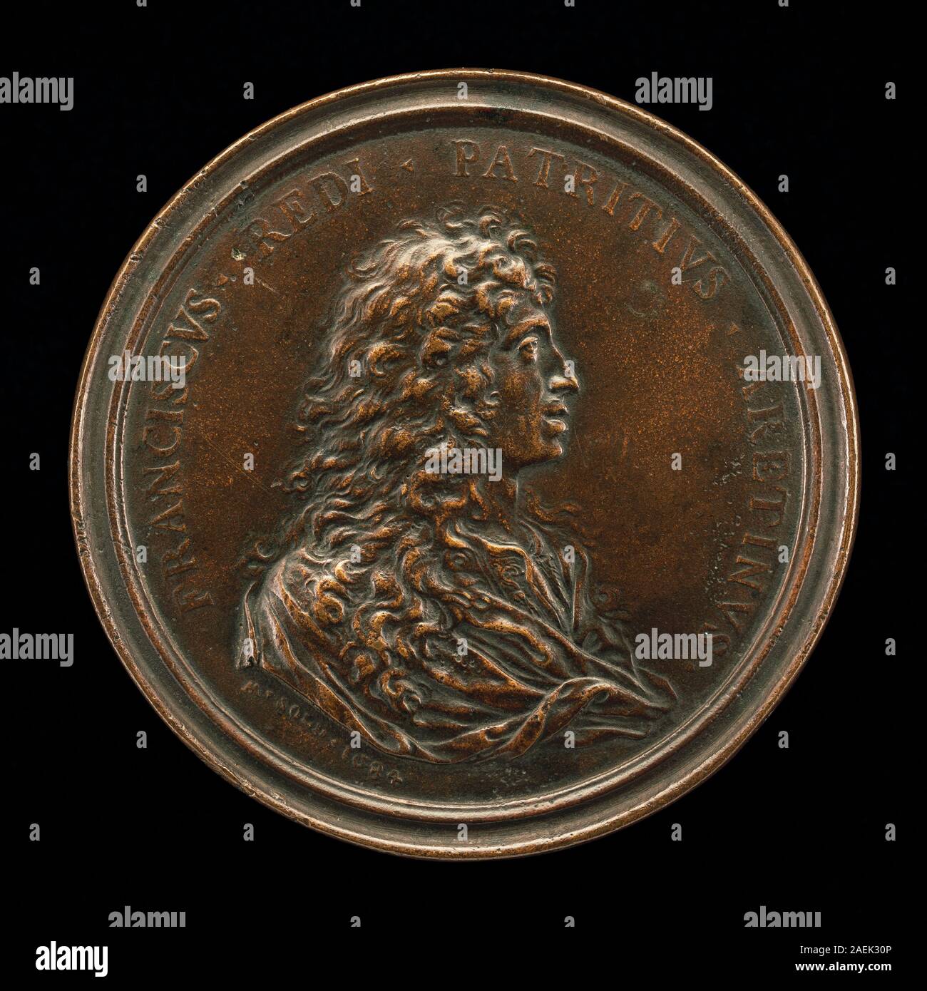 Questo dritto della medaglia del 1684 di Massimiliano Soldani Benzi raffigura Francesco Redi, medico e scienziato, con un ritratto di profilo che mette in evidenza il disegno medagliato barocco, le caratteristiche dettagliate e l'artigianato italiano del XVII secolo. Foto Stock