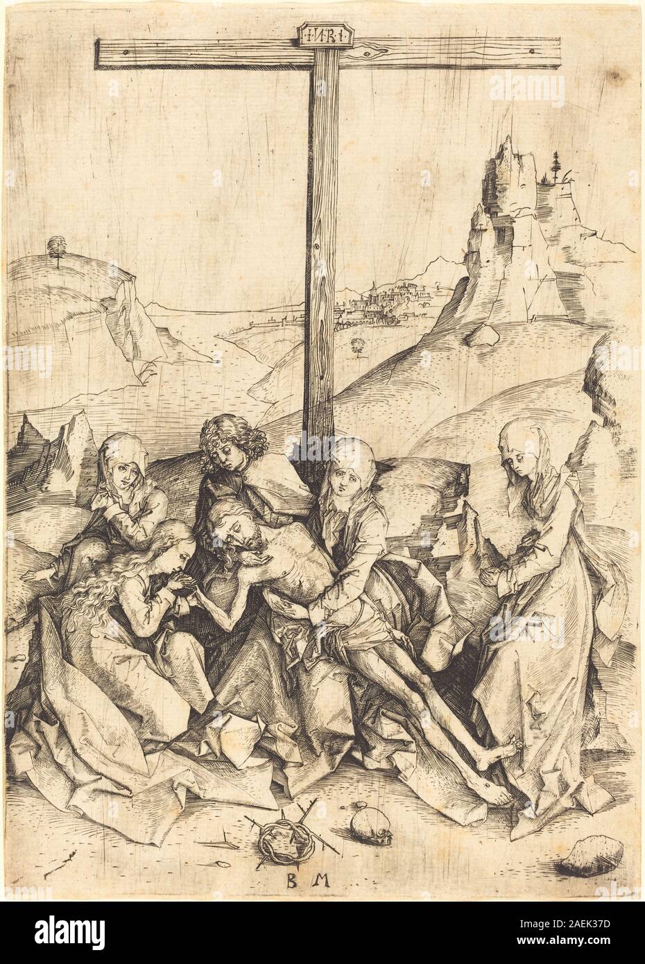 Un dipinto del Lamentation creato tra il 1480 e il 1490 dal Maestro BM. L'opera raffigura il lutto di Cristo dopo la crocifissione, con composizione dettagliata, espressione emotiva e iconografia religiosa tradizionale. Foto Stock