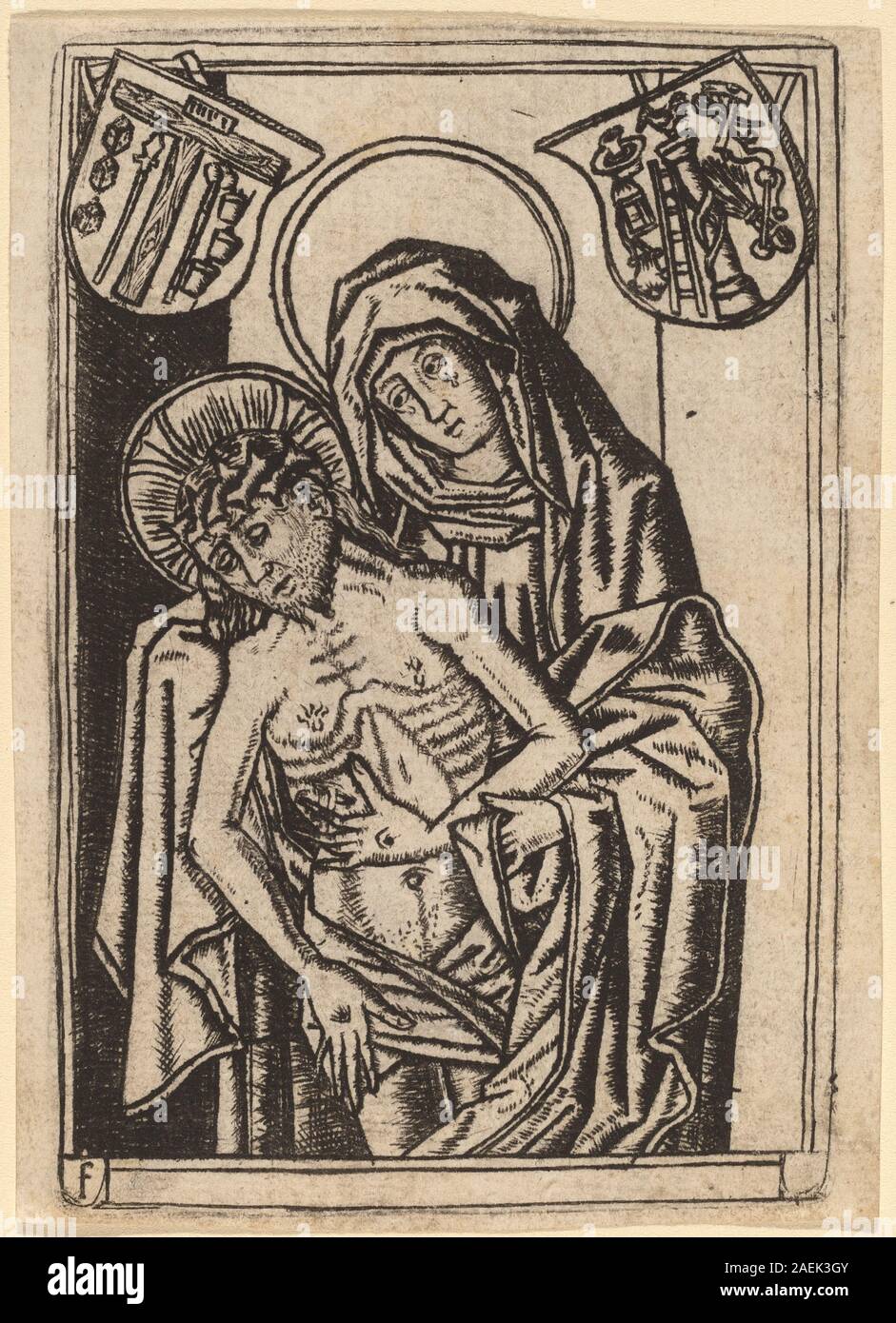 Un dipinto che mostra la Vergine Maria che sostiene il corpo di Cristo dopo la crocifissione, sottolineando il dolore e i temi devozionali. L'opera include figure dettagliate, composizione e iconografia religiosa. Foto Stock