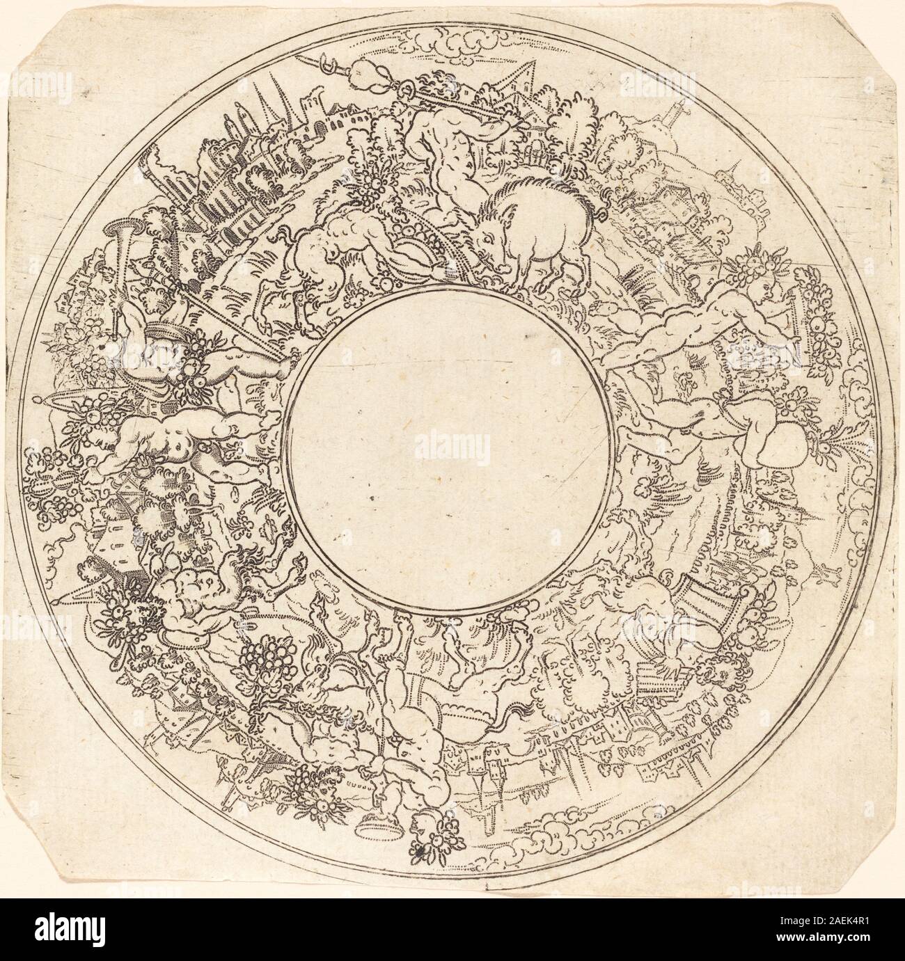 L'incisione del Maestro raffigura Bacco che cavalca un asino, mettendo in risalto figure mitologiche, raffigurazioni di animali ed elementi stilistici rinascimentali. Foto Stock