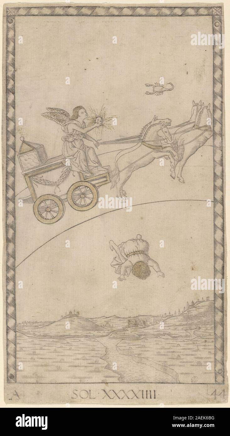 Sol (Sole), una carta di tarocchi del Maestro dei Tarocchi serie e, creata intorno al 1465, raffigura il sole con figure allegoriche ed elementi simbolici. La carta presenta una composizione geometrica e iconografia del primo Rinascimento. Foto Stock