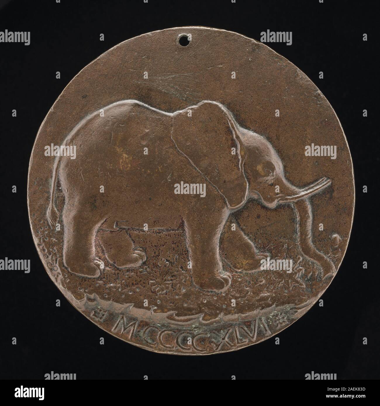 Questa medaglia di Matteo de' guasti, creata nel 1446, raffigura l'Elefante Malatesta in un prato sul lato opposto. Enfatizza la fusione del bronzo, il lavoro di rilievo, la composizione e l'artigianato della medaglia italiana del XV secolo. Foto Stock