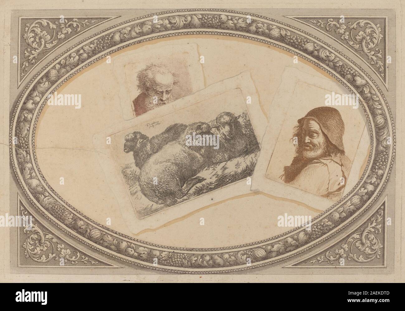 Stampe trompe l'oeil di artisti milanesi e Francesco Londonio intorno al 1790, che mostrano uomini e pecore con prospettiva e ombreggiatura realistiche, prodotte utilizzando lastre di rame originali, esemplificando le tecniche di incisione italiane del XVIII secolo. Foto Stock