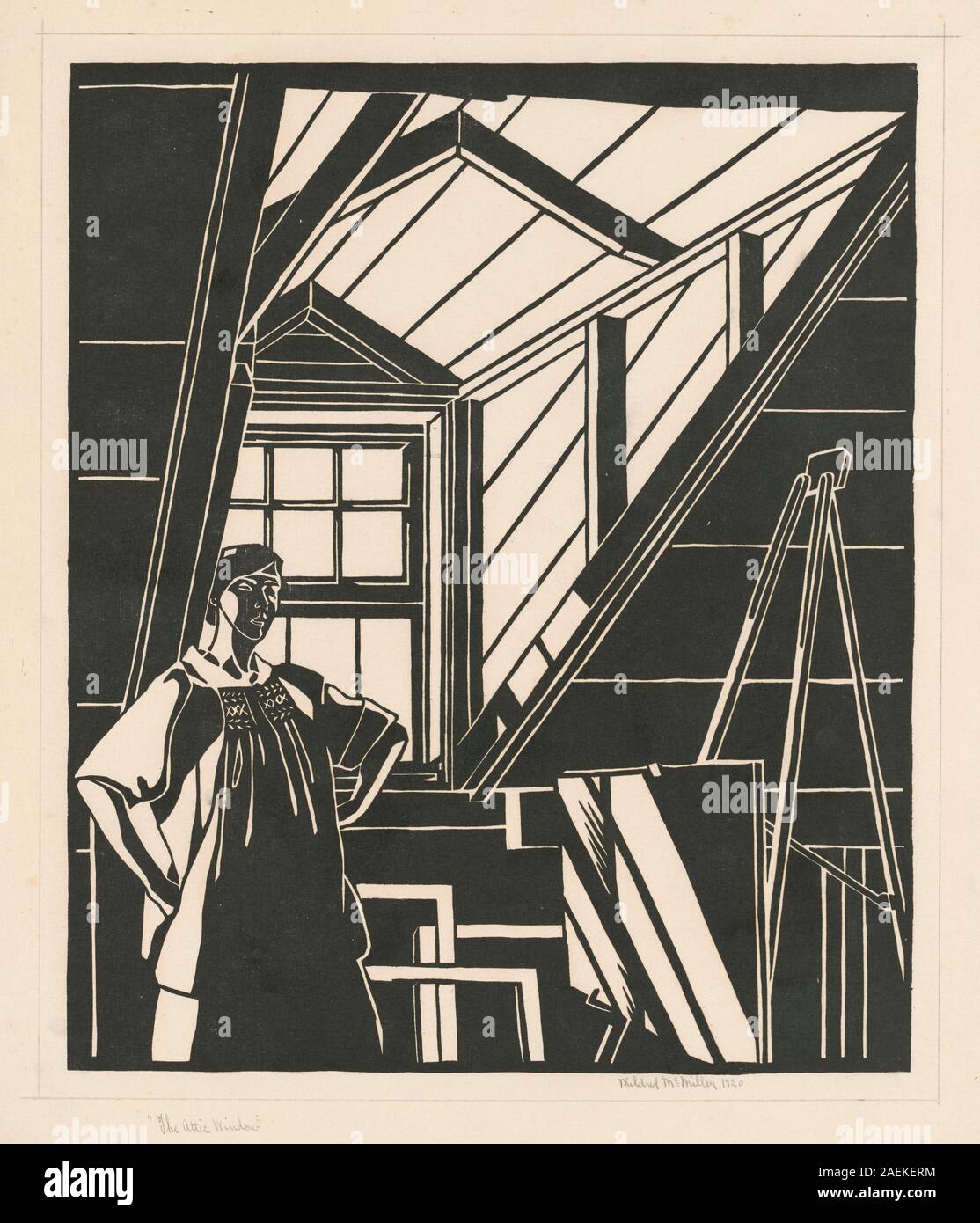 Questa incisione in legno di Mildred McMillen, creata nel 1920, raffigura una finestra attico. La stampa utilizza inchiostro nero su carta tessuta ed enfatizza la linea, la composizione e la prospettiva, riflettendo le tecniche di stampa americane del XX secolo. Foto Stock