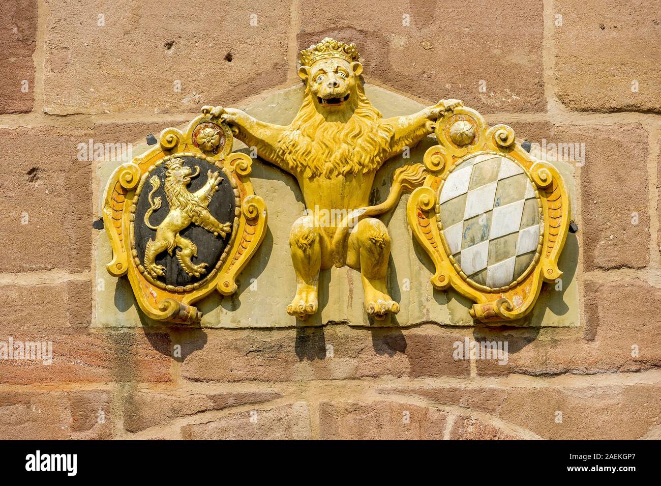 Leone bavarese con gli stemmi di Reno Palatinato e Baviera vecchio, stemma sopra il portale del residence, città vecchia, Hilpoltstein Foto Stock