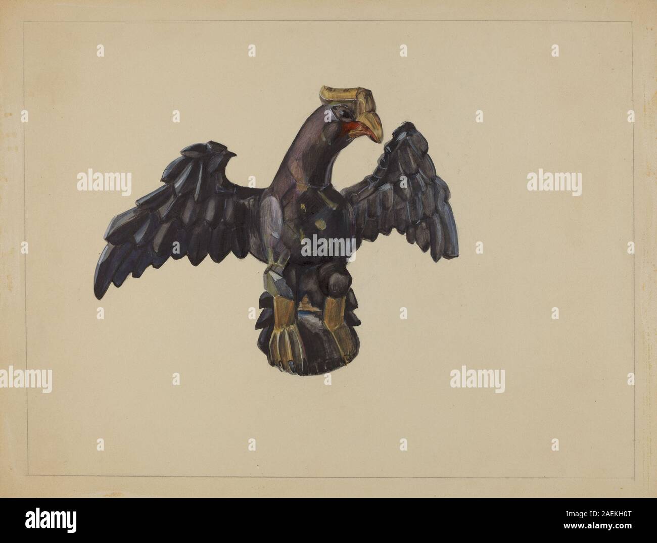 Figura dell'aquila tedesca della Pennsylvania di Mina Lowry intorno al 1936, scolpita e dipinta per rappresentare il simbolismo tradizionale dell'arte popolare, che riflette le pratiche decorative culturali della regione. Foto Stock