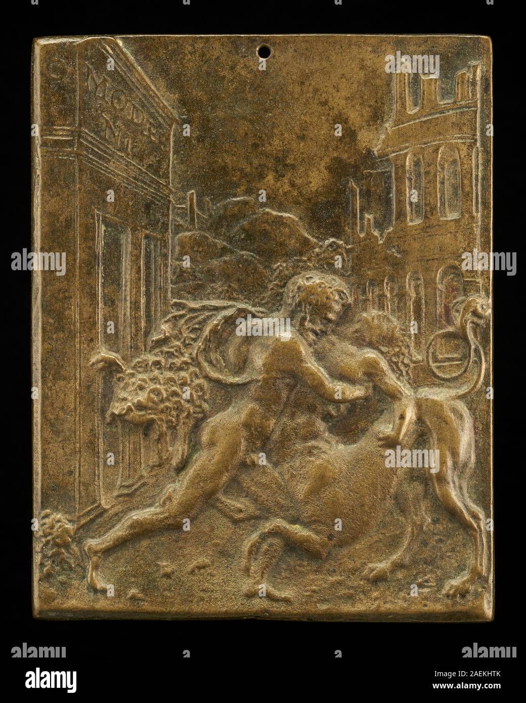 Pittura o disegno di moderno, raffigurante la scena mitologica di Ercole che combatte un centauro, creato nel 1507 o prima, che mostra l'eroismo classico e la composizione narrativa. Foto Stock