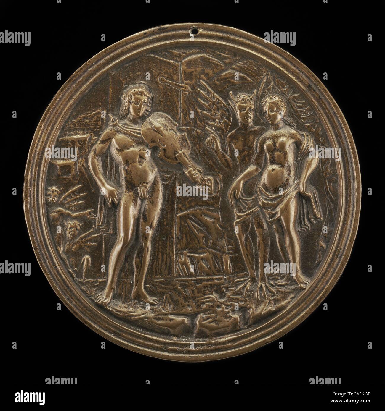 Questa opera d'arte di moderno, creata tra la fine del XV e l'inizio del XVI secolo, raffigura Orfeo che redime Euridice. Enfatizza figure mitologiche, composizione narrativa, costume classico e tecniche artistiche del Rinascimento italiano. Foto Stock