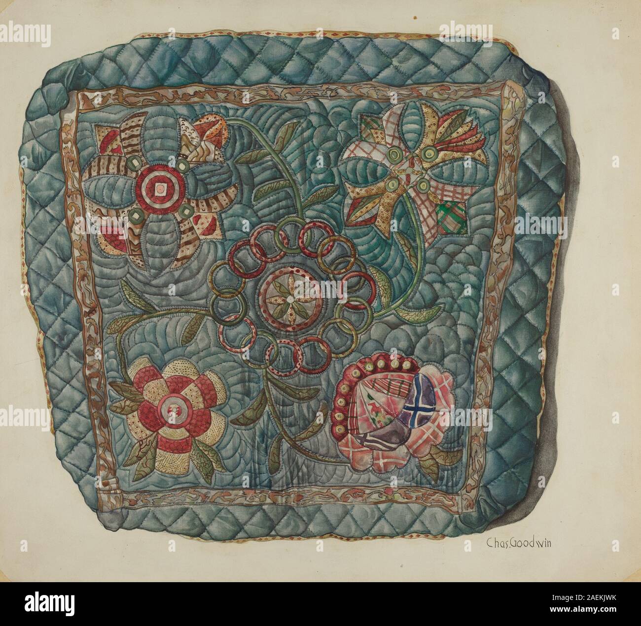 Una fodera del sedile del finestrino creata dalla signora Goodwin intorno al 1938. Il rivestimento in tessuto è imbottito, adattato per adattarsi a un sedile finestrino e riflette il design degli interni domestici e gli arredi funzionali del periodo. Foto Stock