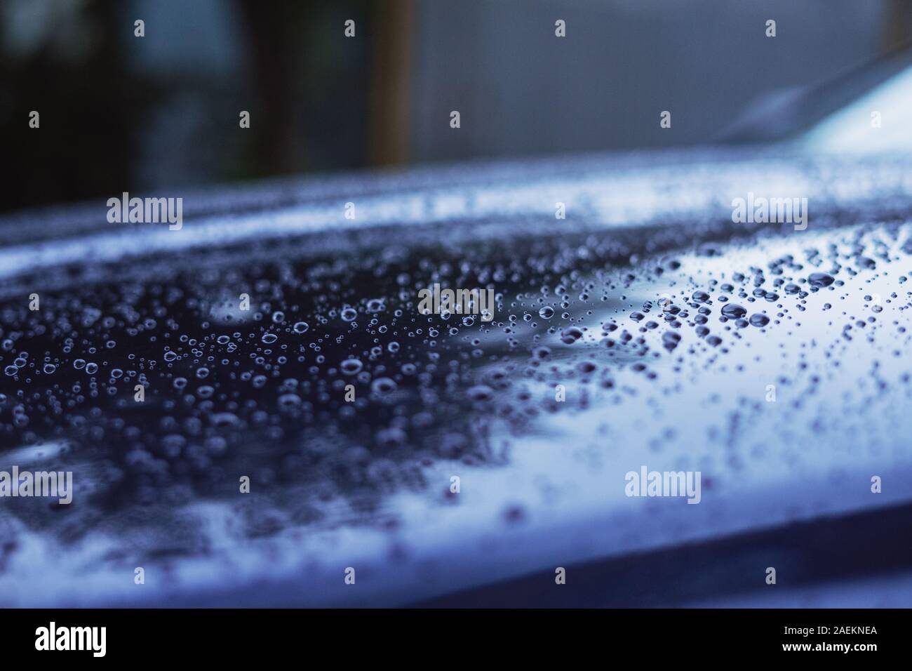 Gocce d'acqua sulla superficie di un auto blu in colori freddi Foto Stock