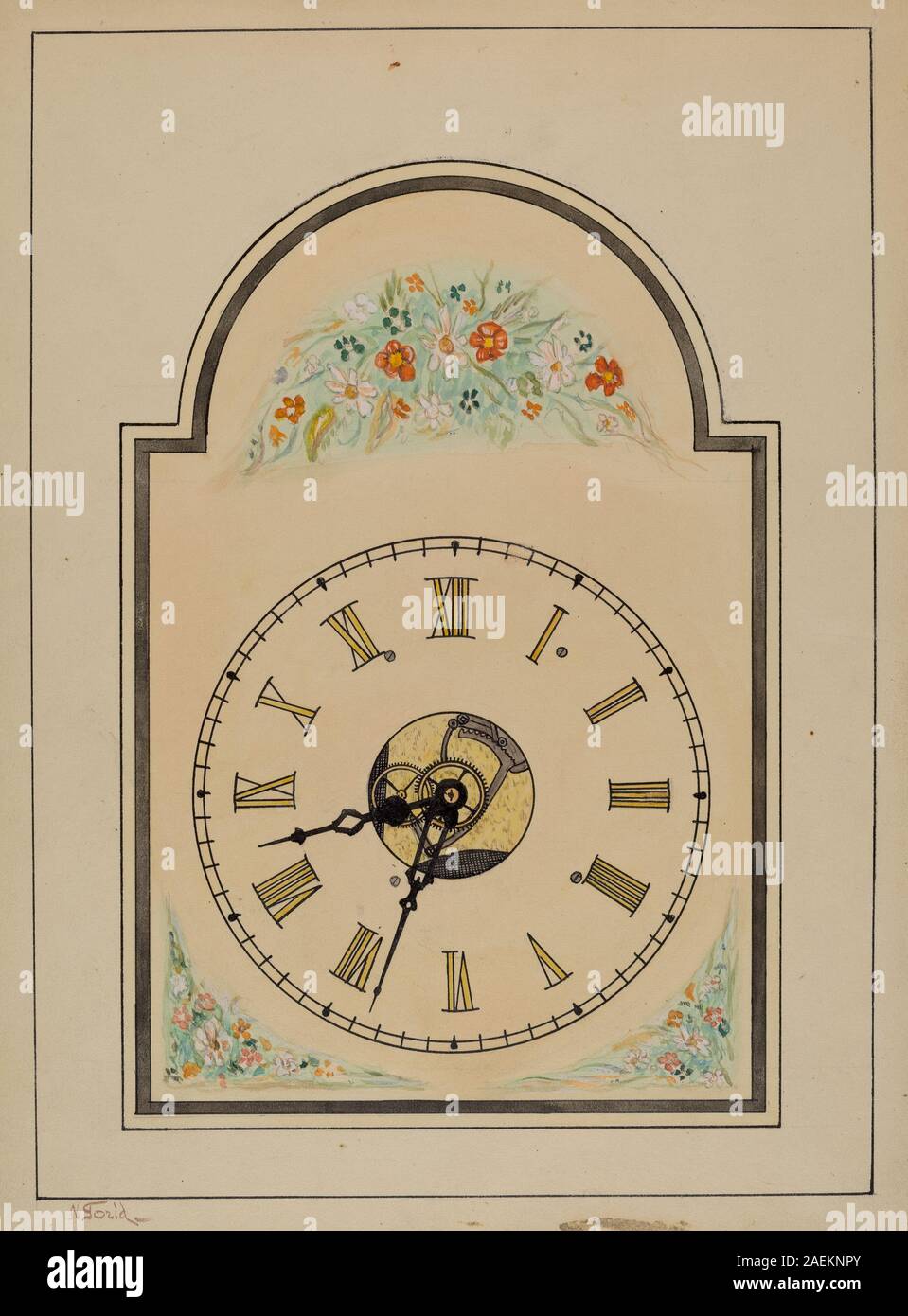 Orologio di Nicholas Gorid intorno al 1938 che mostra cassa, viso, mani, movimento meccanico, numeri, e design d'epoca. Foto Stock