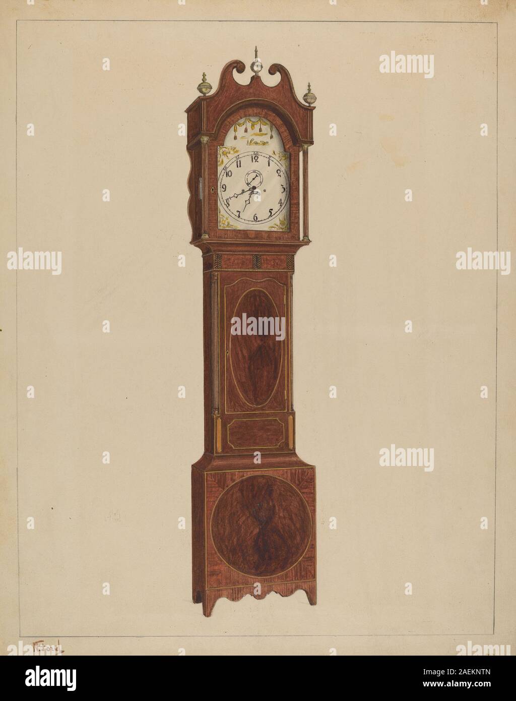 Orologio a nonno realizzato intorno al 1937 da Nicholas Gorid, cassa in legno alta con pendolo e pesi, movimento meccanico, quadrante decorato, utilizzato per l'orologio e la decorazione di interni. Foto Stock