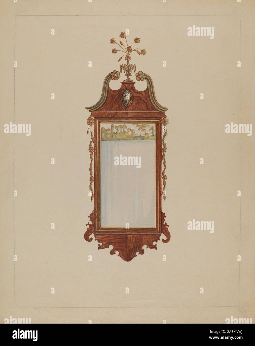 Hepplewhite Mirror di Nicholas Gorid, 1935-1942, raffigura uno specchio domestico con cornice decorativa che enfatizza materiale, forma, ornamento, simmetria e convenzioni di design di mobili dell'inizio del XX secolo. Foto Stock