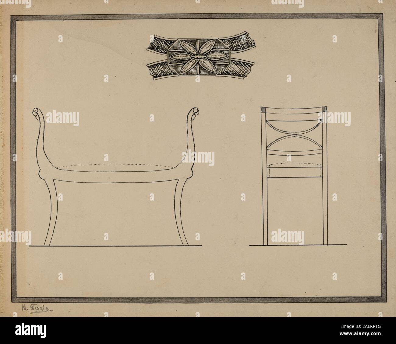 Questo posto a sedere vicino alla finestra di Nicholas Gorid, creato intorno al 1940, è un pezzo di arredamento in legno progettato per interni domestici. La seduta presenta finiture verniciate, falegnameria artigianale e un design funzionale che riflette l'estetica dei mobili americani della metà del XX secolo. Foto Stock
