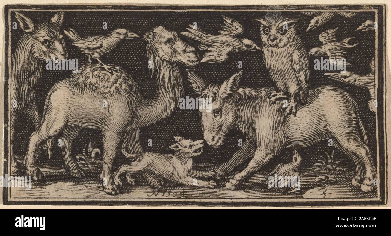 Questa incisione di Nicolaes de Bruyn, pubblicata nel 1594, raffigura un gufo su un asino e un uccello su un cammello con altri animali. Enfatizza le figure animali, la stampa, la composizione e le tecniche di incisione fiamminghe del tardo XVI secolo. Foto Stock