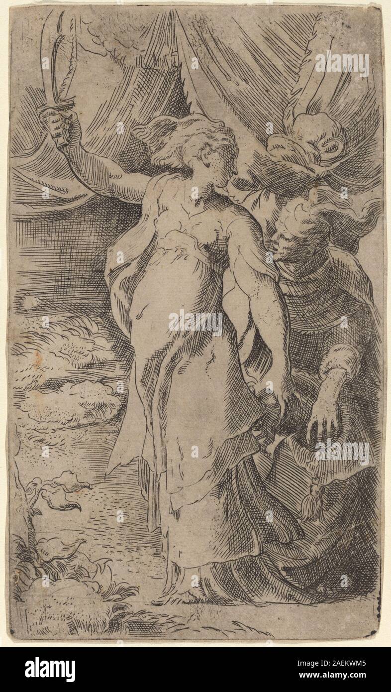 Pittura o disegno di Parmigianino raffigurante Giuditta, figura biblica, periodo rinascimentale, composizione di figure, olio su tavola o tela, espressione facciale dettagliata, gesti, soggetto simbolico, stile artistico, manierismo italiano. Foto Stock